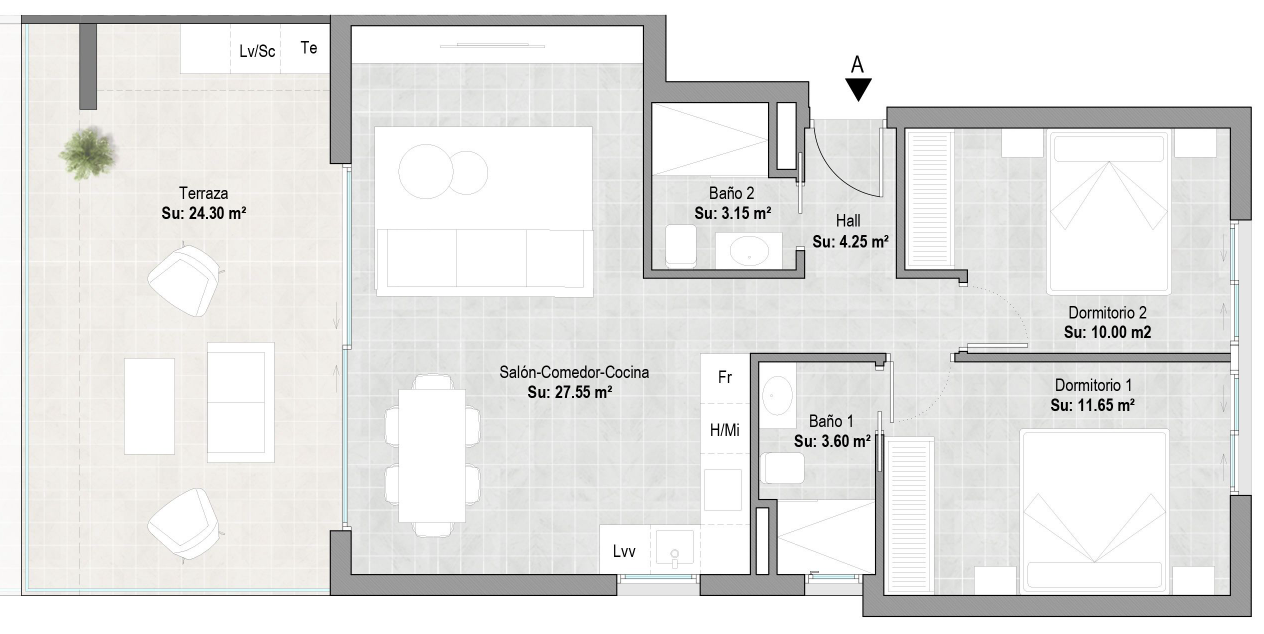 Floor plan for Apartment ref 3830 for sale in Pilar De La Horadada Spain - Quality Homes Costa Cálida