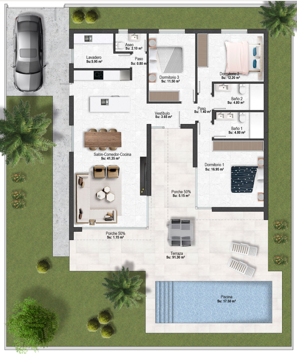 Plano de planta para Villa ref 3977 para sale en Altaona Golf And Country Village España - Quality Homes Costa Cálida