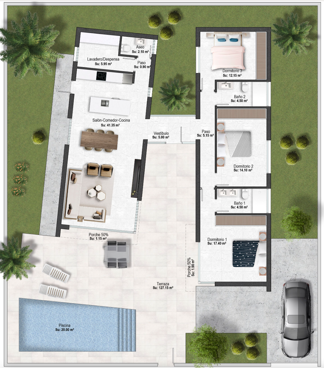 Plano de planta para Villa ref 3970 para sale en Altaona Golf And Country Village España - Quality Homes Costa Cálida