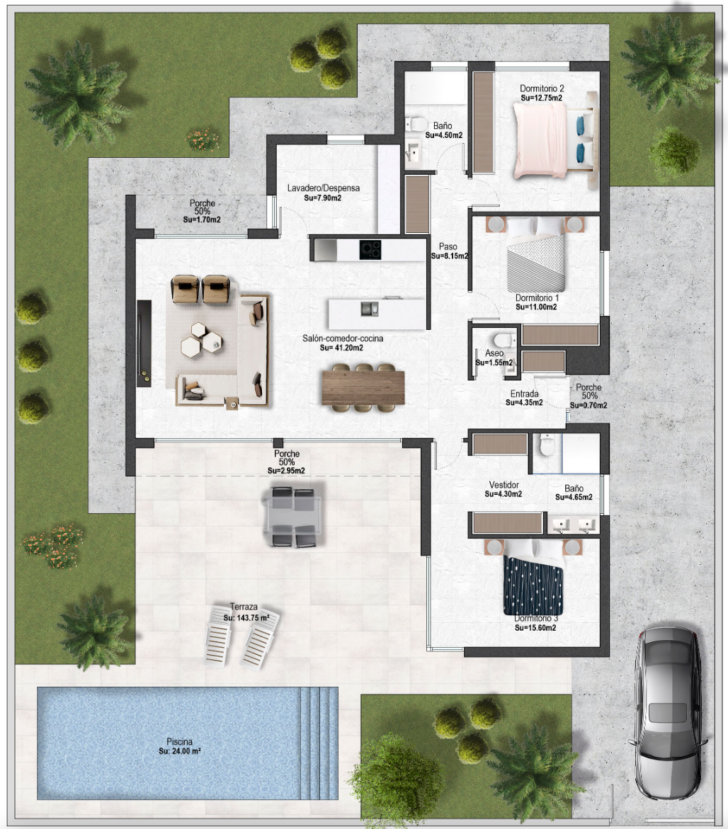 Plano de planta para Villa ref 3972 para sale en Altaona Golf And Country Village España - Quality Homes Costa Cálida
