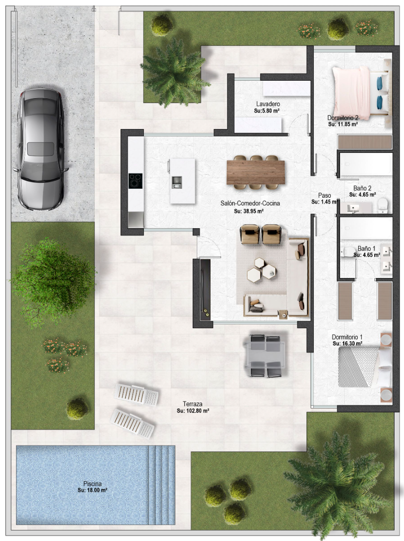 Plano de planta para Villa ref 3973 para sale en Altaona Golf And Country Village España - Quality Homes Costa Cálida