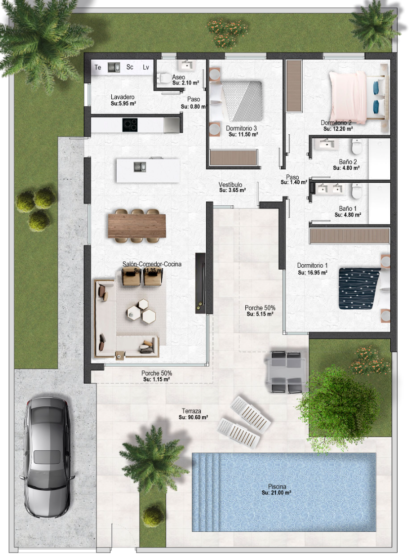 Floor plan for Villa ref 3975 for sale in Altaona Golf And Country Village Spain - Quality Homes Costa Cálida