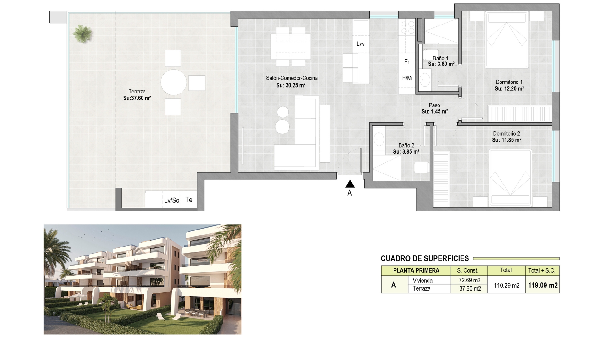 Plano de planta para Apartamento ref 3998 para sale en Condado De Alhama España - Quality Homes Costa Cálida
