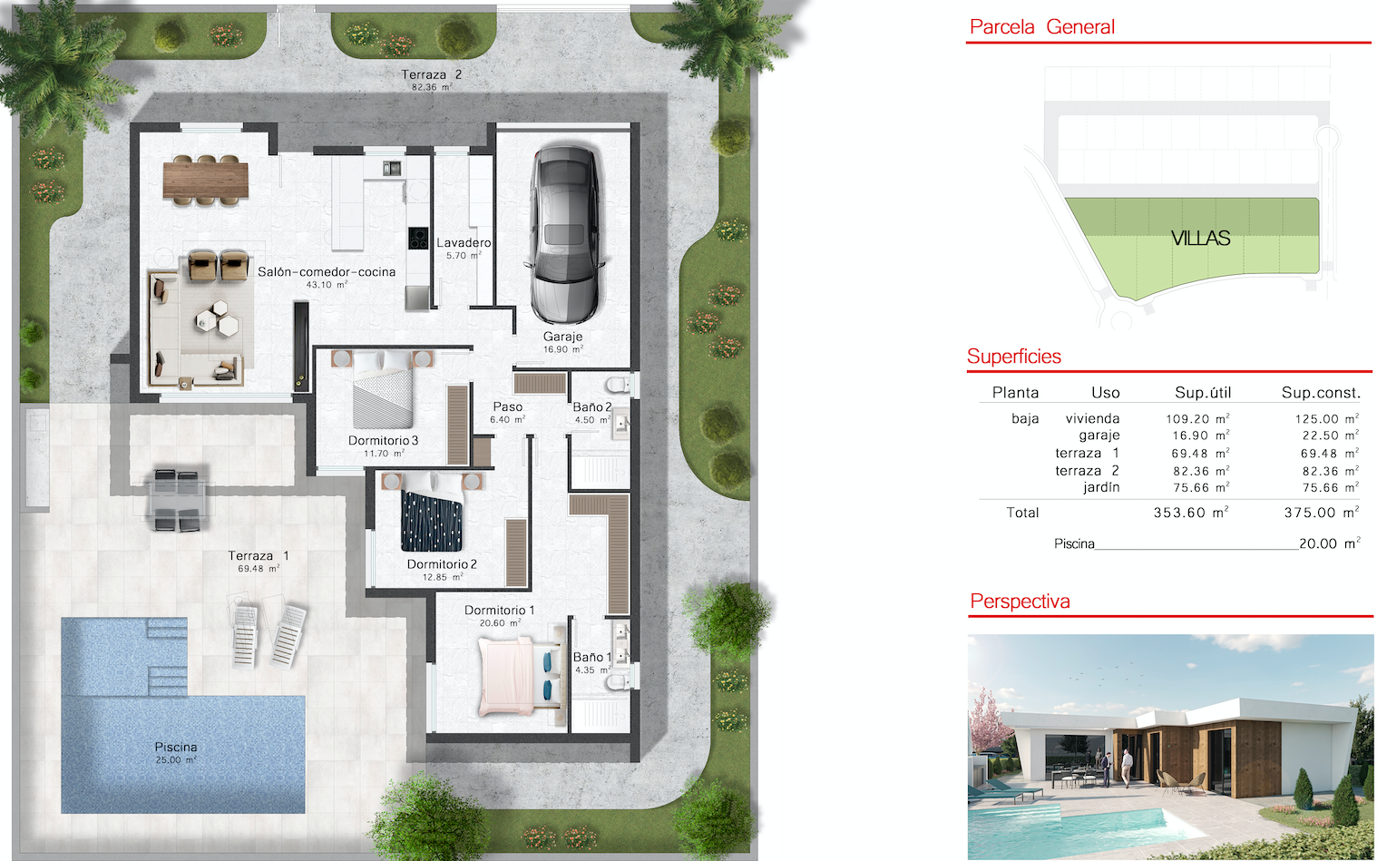Plano de planta para Villa de Lujo ref 3607 para sale en Altaona Golf And Country Village España - Quality Homes Costa Cálida